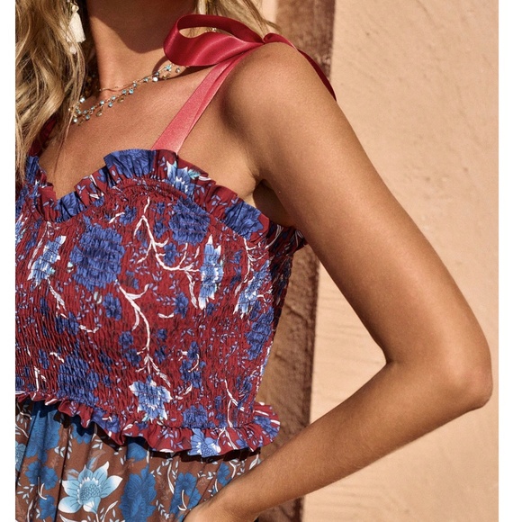 Boho Floral Print Shirred Stretchy Waist Patchwork Maxi dress - Picture 5 of 5